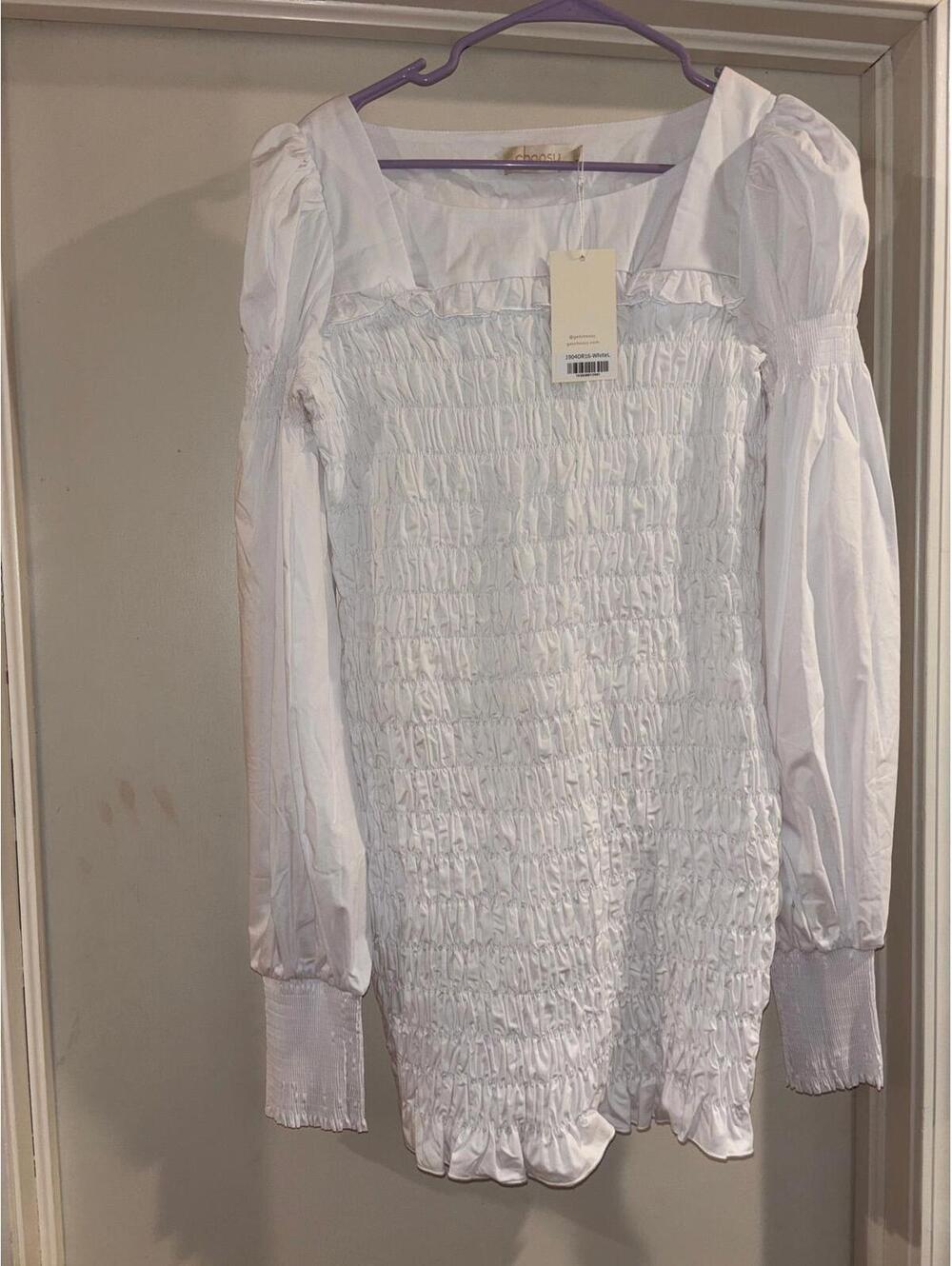 NWT Choosy White Smocked Mini Dress Large Cottagecore Puff Sleeve | Stretch Fit